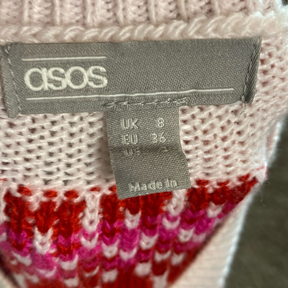 ASOS Pink Red Fair Isle Long Sleeve Mini Sweater Sequin Detail Dress 4 - Picture 4 of 9